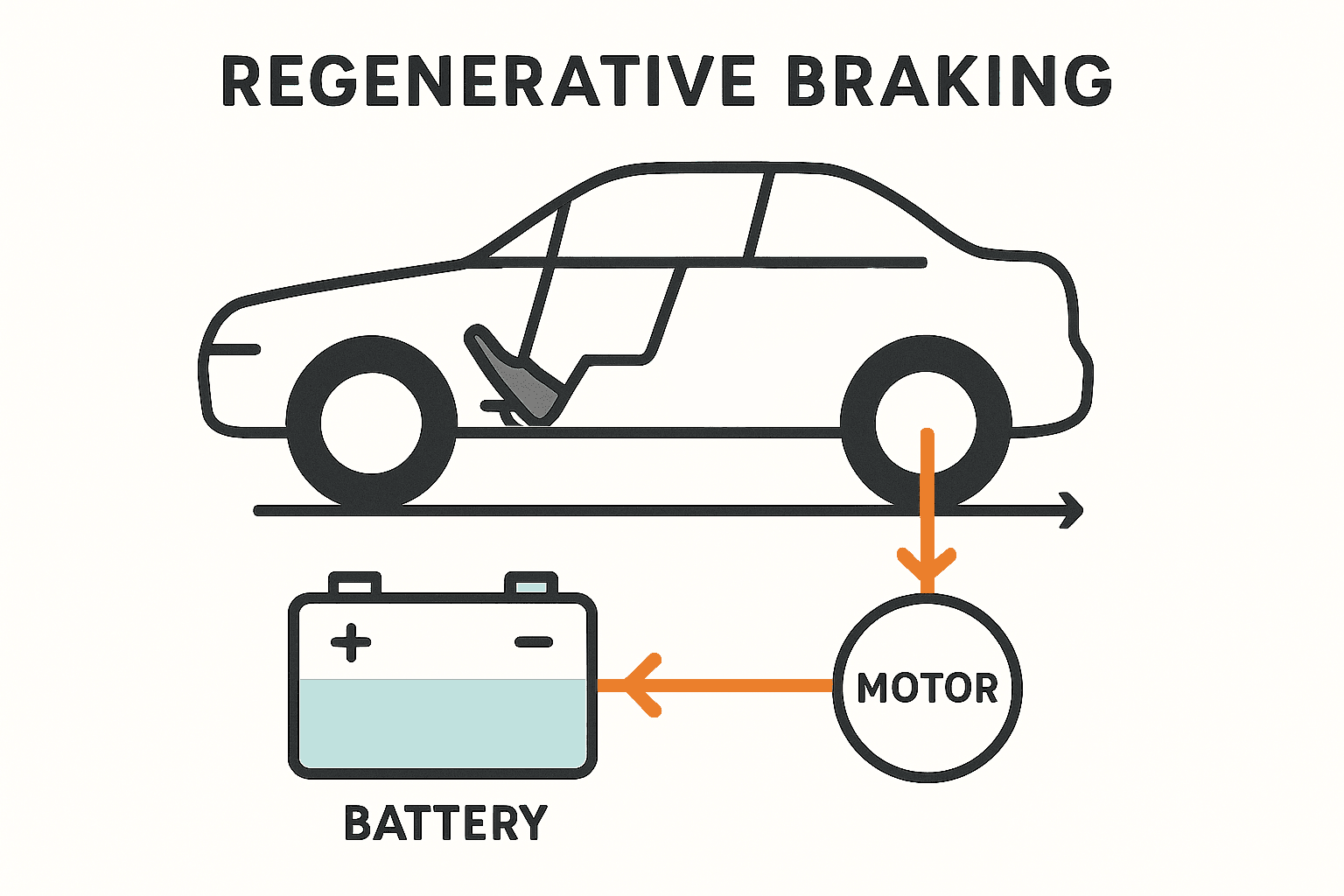 Schematisk illustration: motorn går som generator vid inbromsning och skickar energi tillbaka till batteriet